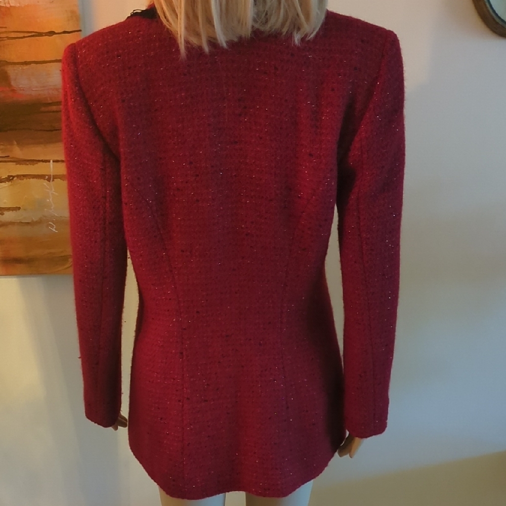 St. John Raspberry Tweed Single-Button Blazer with Black Trim - Picture 5 of 7